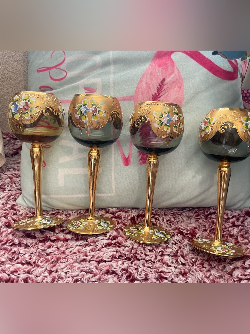 Vintage Venetian Murano Tre Fuochi Glass Goblets - Set of 4